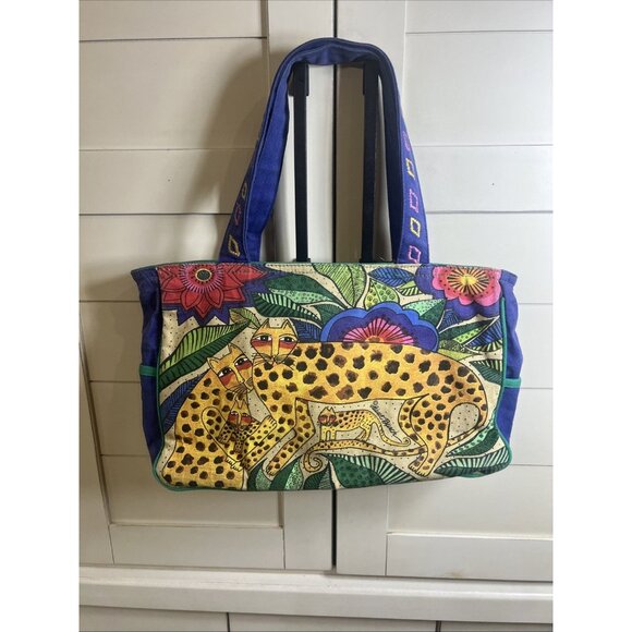 Vintage Laurel Burch Large Shoulder Tote Bag Leopard Cheetah Cat Y2K - Picture 2 of 12
